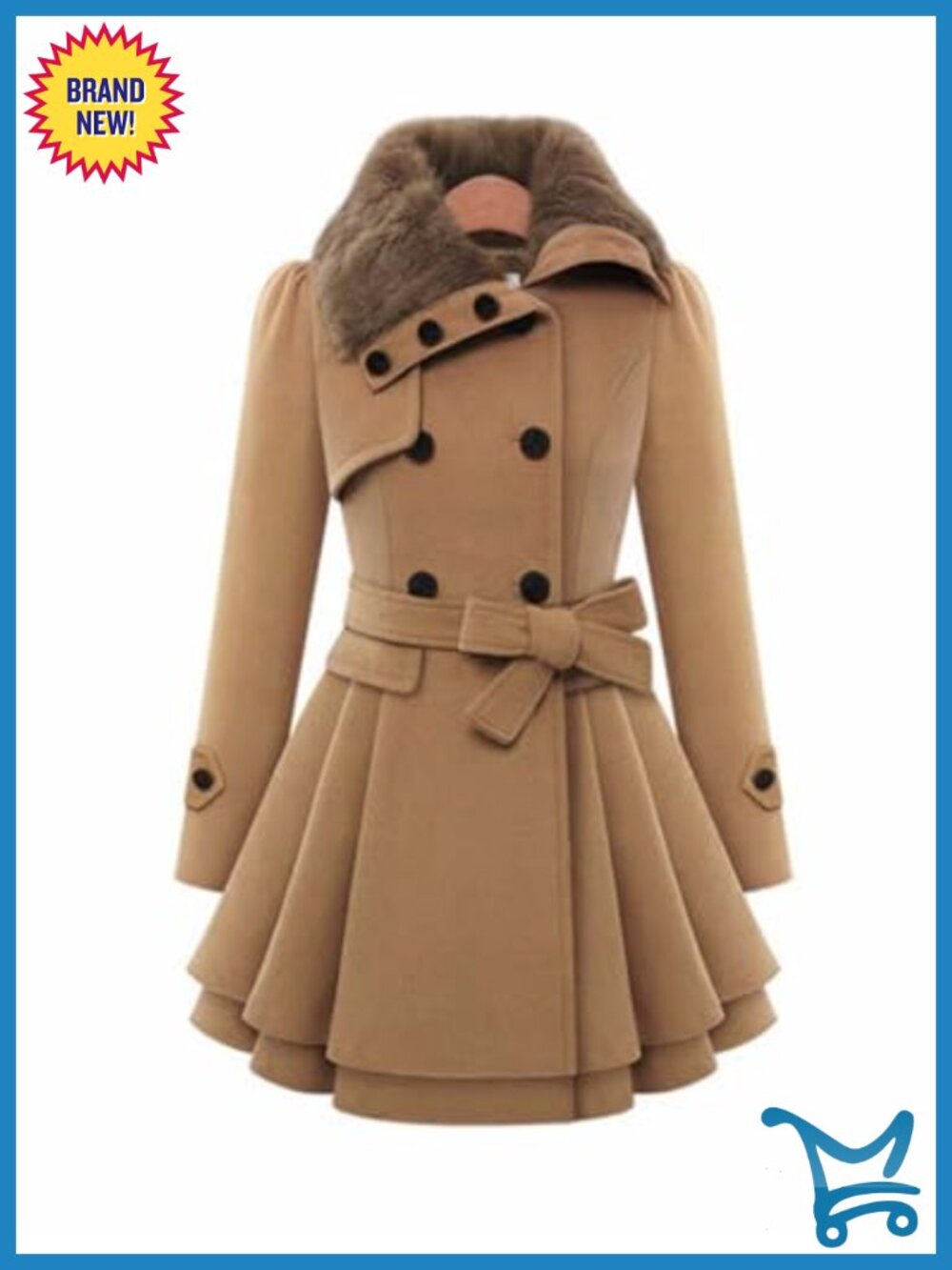 Double Breasted Trench Coat Faux Fur Lapel Flared Hem Belted Winter Jacket